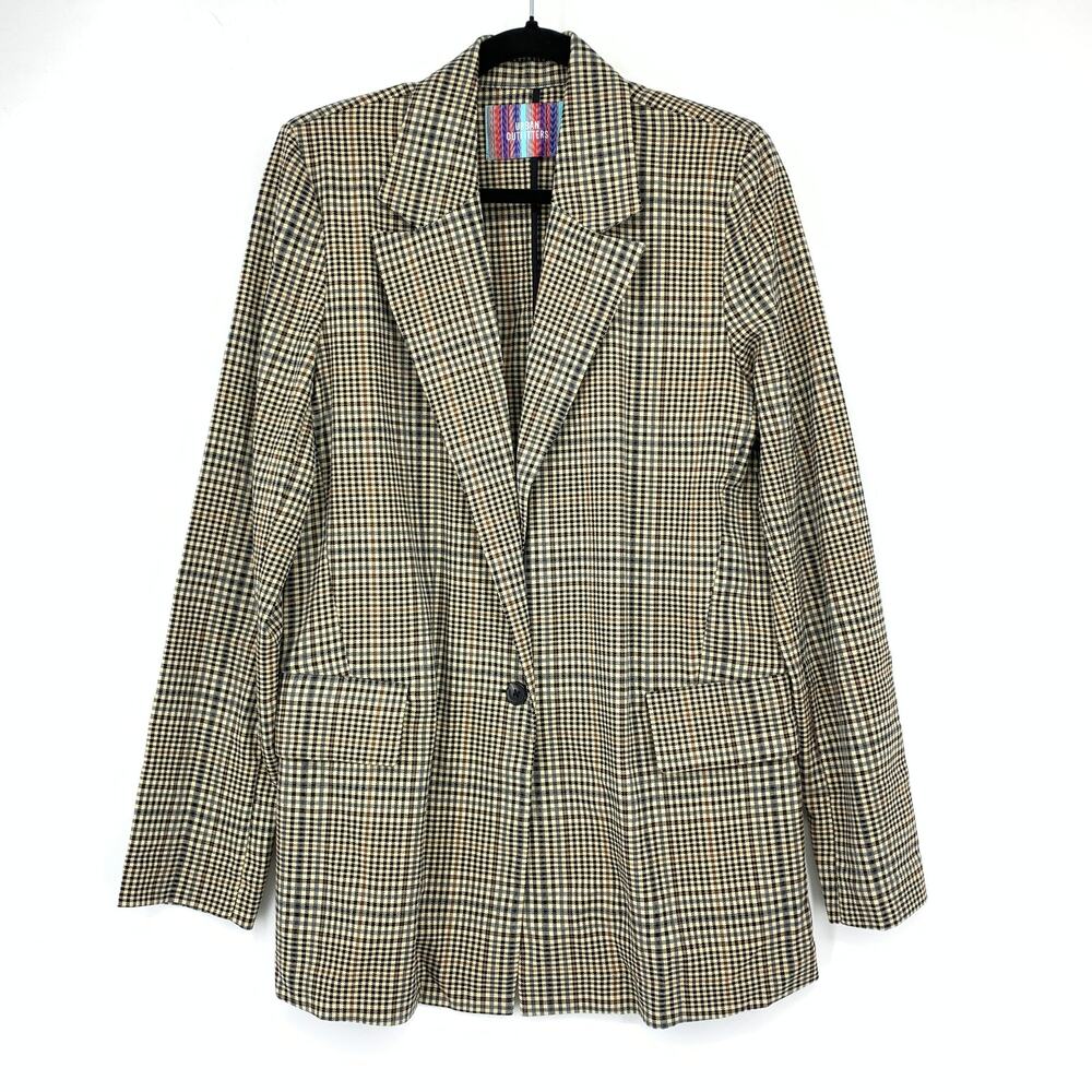 Urban Outfitters One Button Long Line Blazer Jacket Womens Sz M Tan Black Plaid